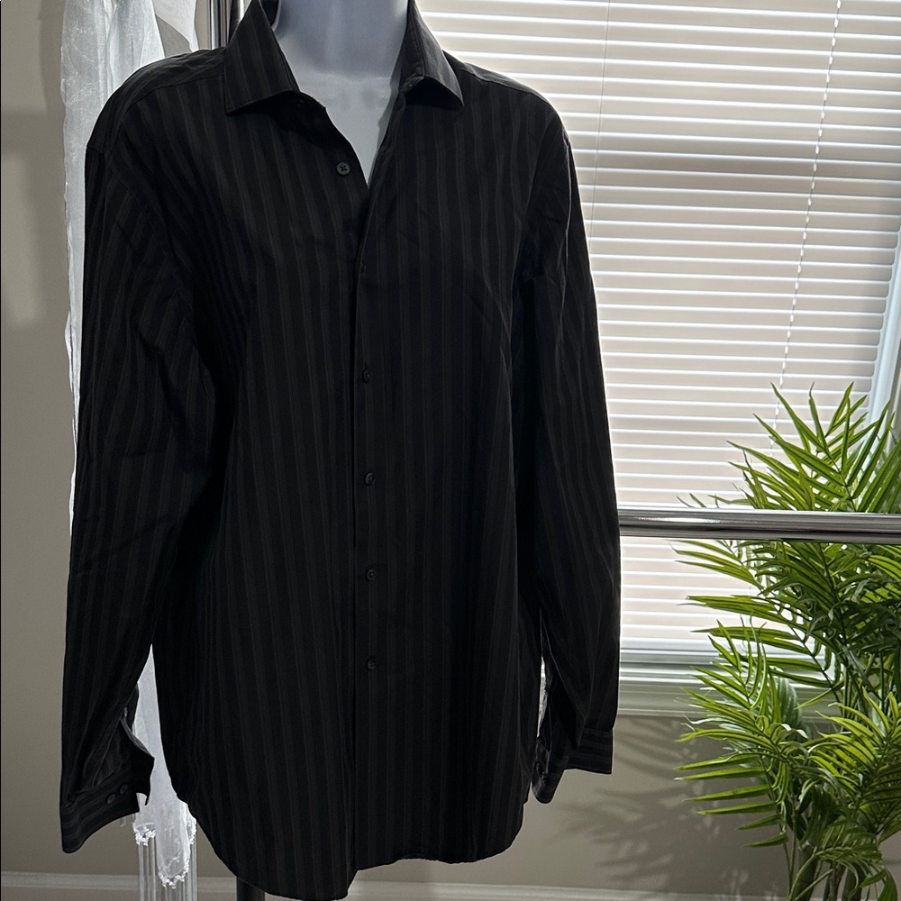 Calvin Klein Black with Gray Striped button up dress Shirt. Never worn. New!